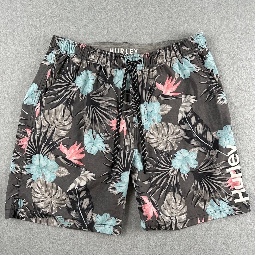 Hurley Mens XXL Tropical Floral Board Shorts Gray Teal Pink Swim Trunks Hawaiian